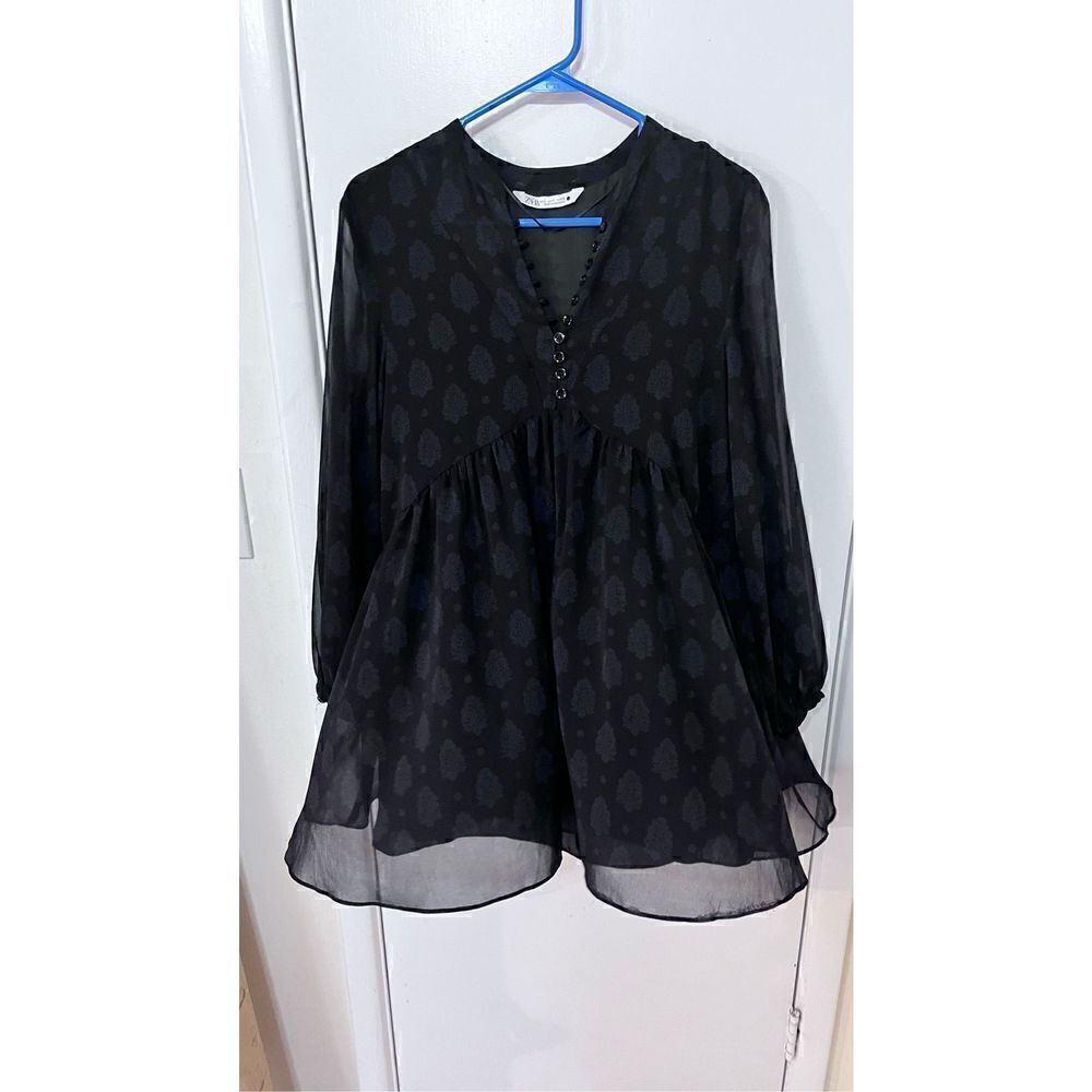 ZARA PRINTED BLACK CHIFFON SEMI SHEER DRESS WOMENS SIZE S